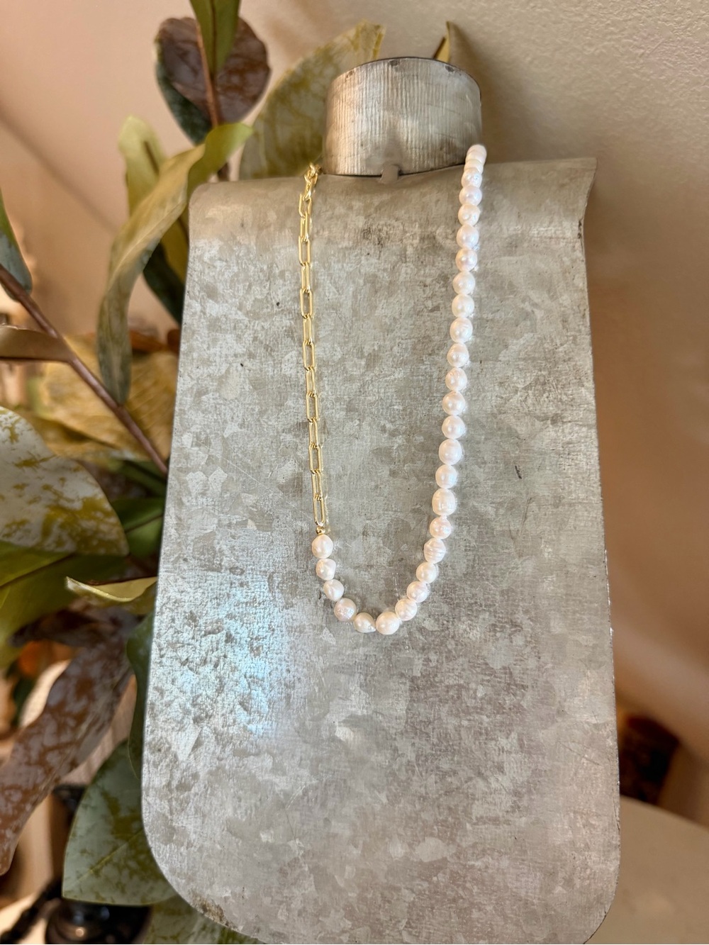 14k Gold Filled Link Chain & Genuine Pearl Asymmetrical Necklace Made in the 🇺🇸